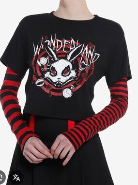 Hot Topic Social Collision T Shirt Alice In Wonderland Black Emo Layered Twofer